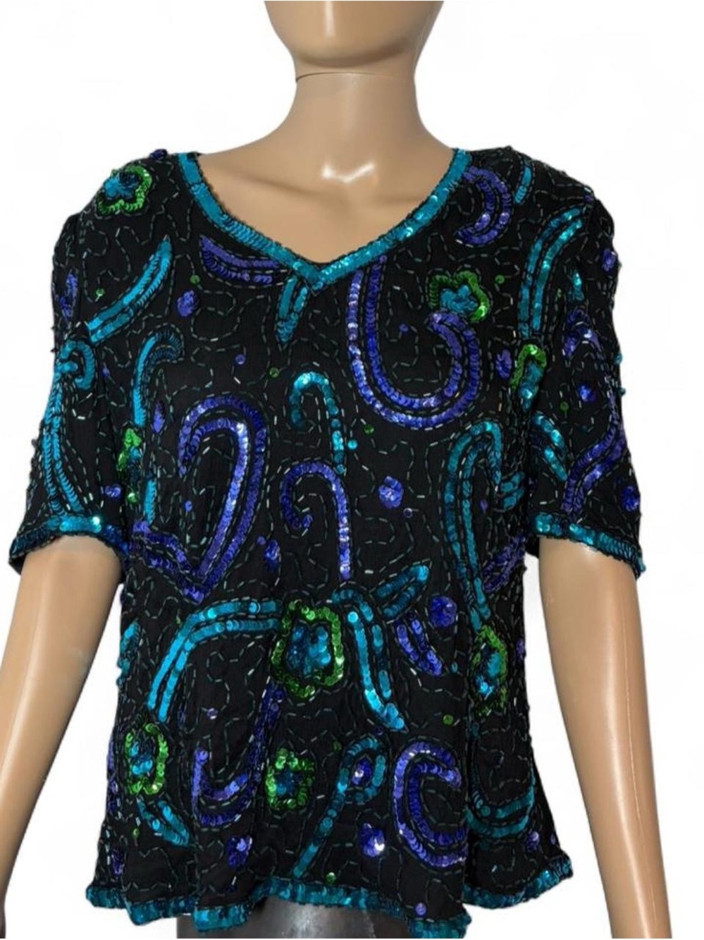 Monroe & Main Black Short-Sleeve Sequin V-Neck Blouse with Blue & Green Accents